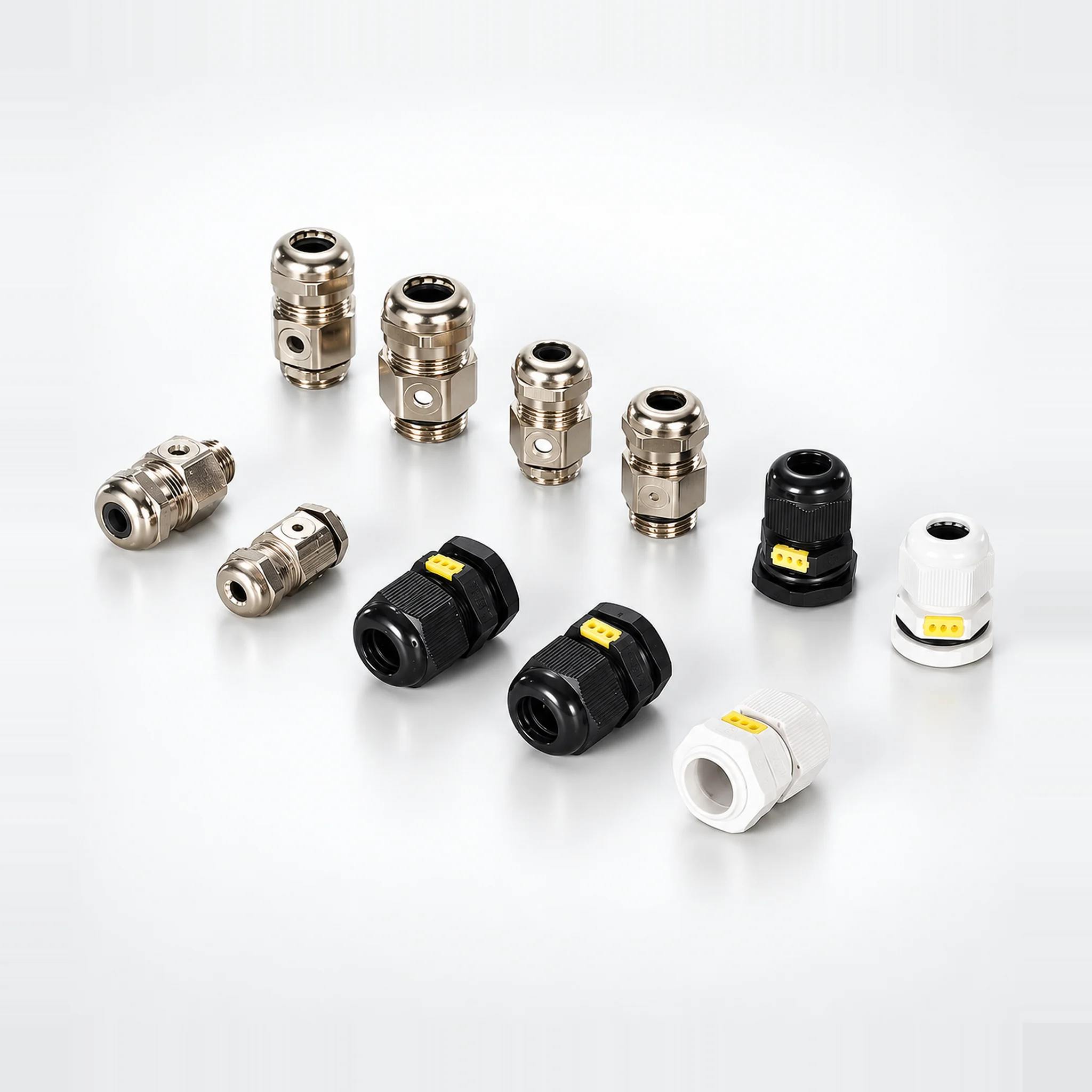 Metal and nylon breathable cable glands on a light studio background