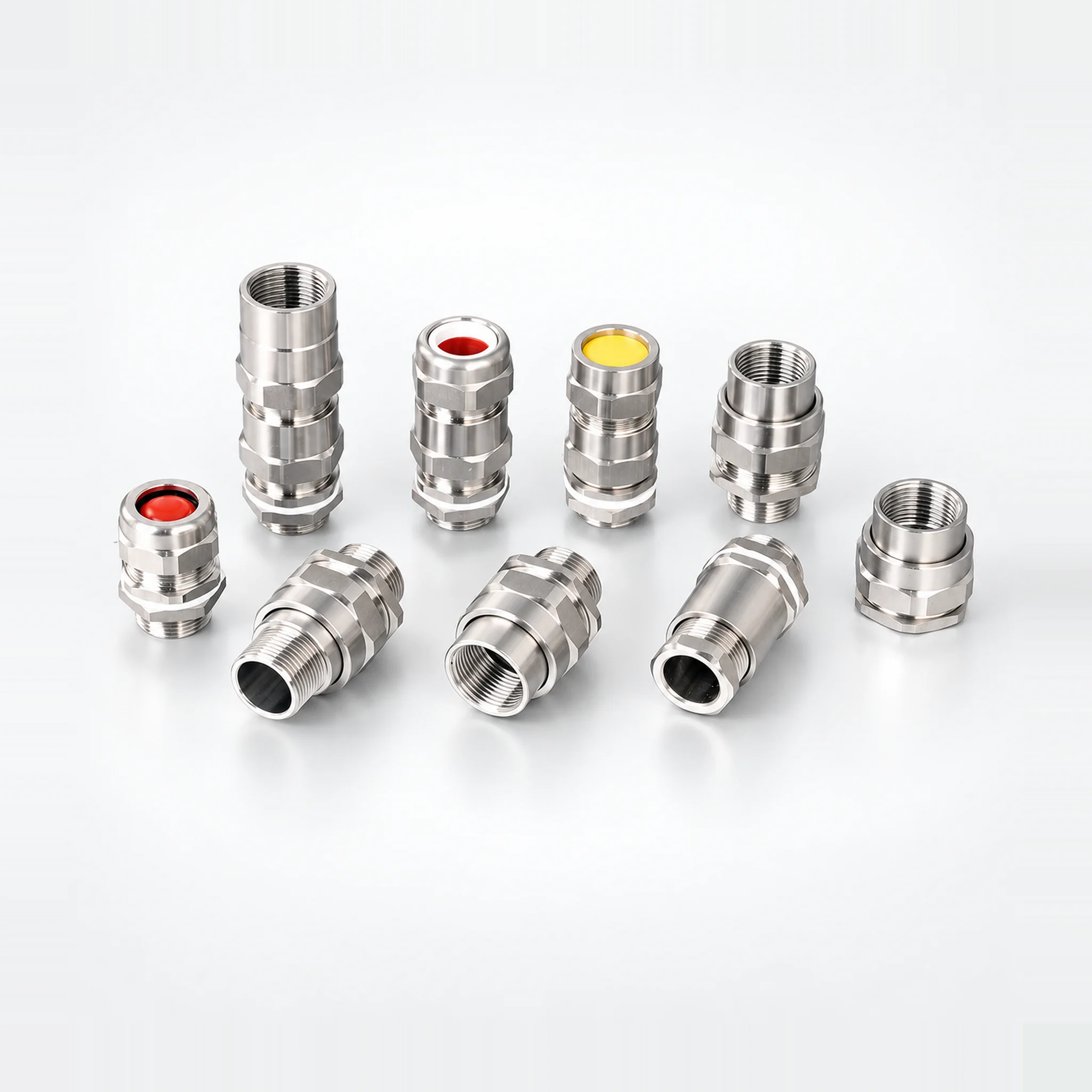Silver threaded cable gland fittings on a light studio background