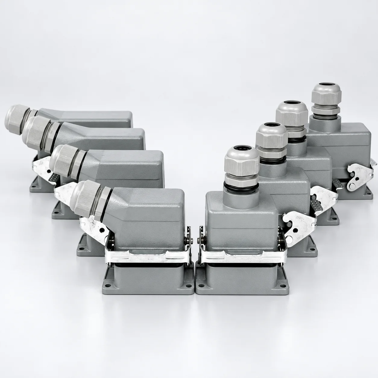 YOCL rectangular heavy duty connectors with top-entry and side-entry hoods and matching bases