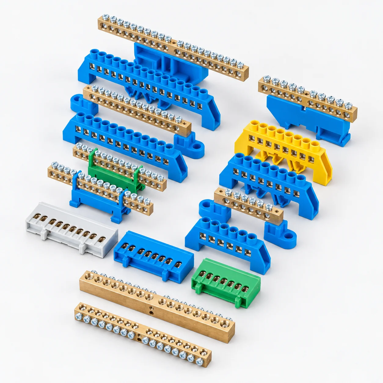 YOCL brass neutral bar collection with insulated supports and multiple terminal positions