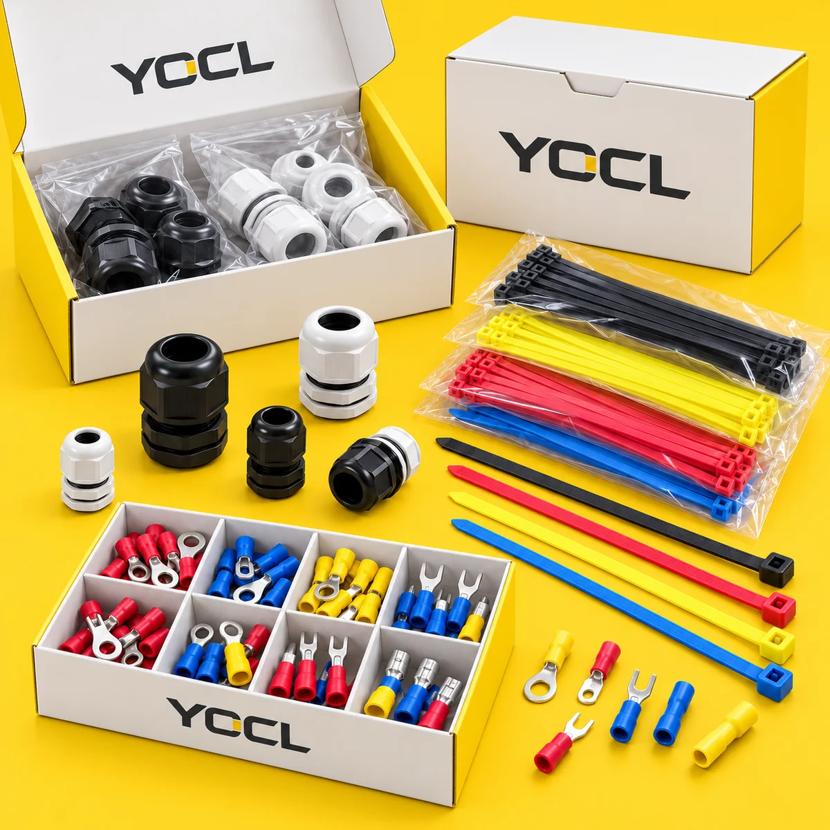 YOCL electrical accessories with white and yellow packaging — concept illustration