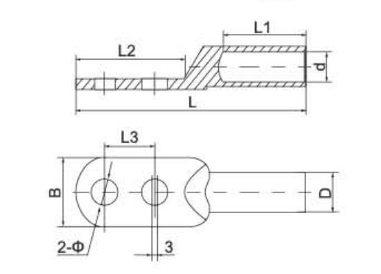 DT-2 Two-Hole Copper Cable Lugs dimension drawing