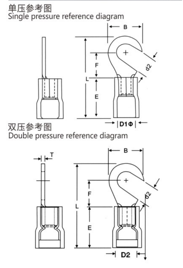 HNY/HNYD Nylon Hook Terminals (Single and Double Crimp) dimension drawing
