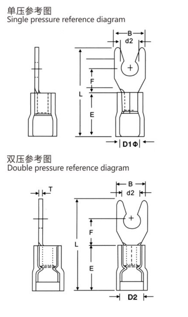 LSNY / LSNYD Nylon Lock Fork Terminals dimension drawing