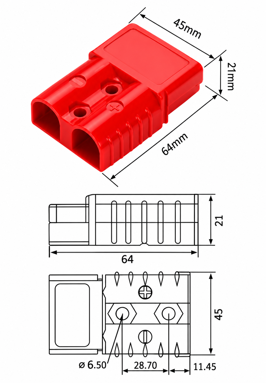 120A Double Pole Power Connector dimension drawing