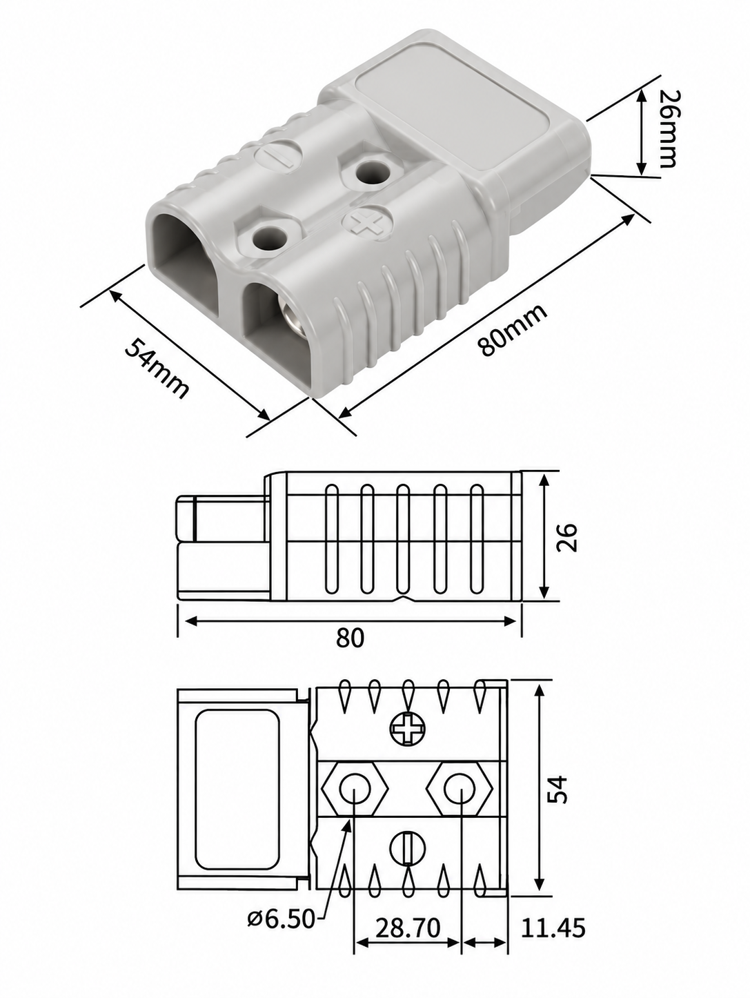 175A Double Pole Power Connector dimension drawing
