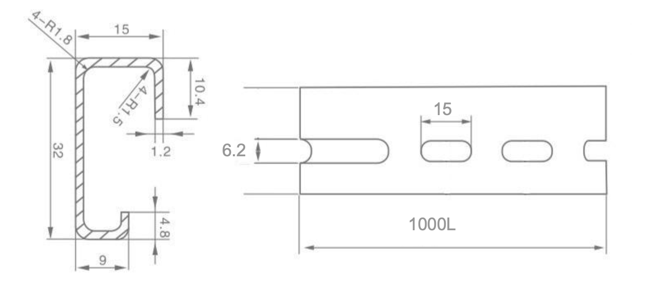 32 mm Aluminium G-Profile DIN Rail dimension drawing