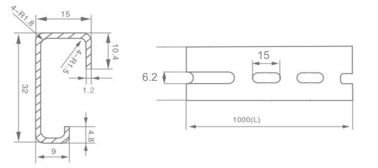 32 mm Steel G-Profile DIN Rail dimension drawing