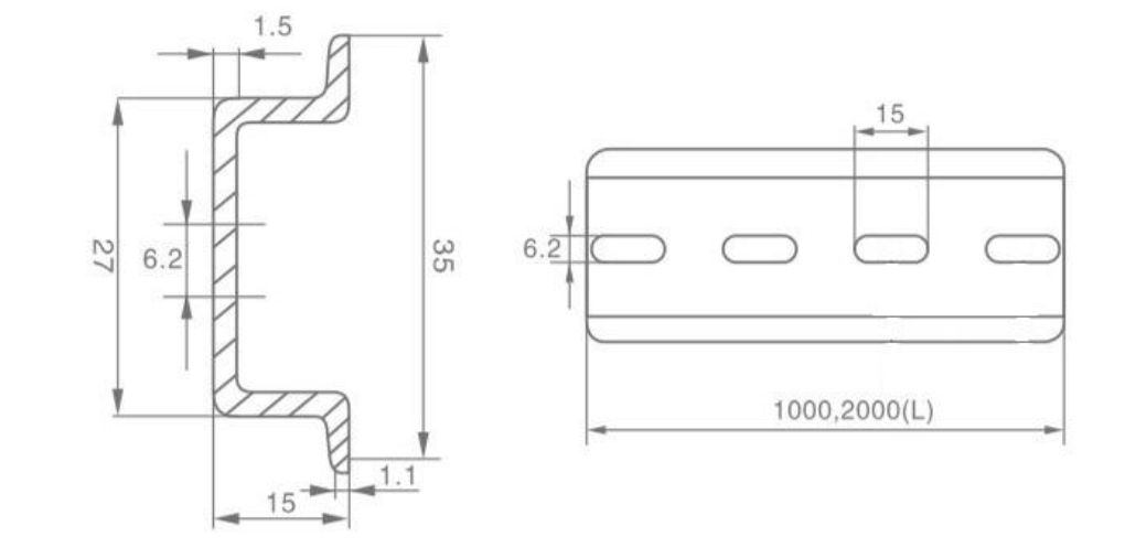 35 × 15 mm Slotted Steel DIN Rail dimension drawing