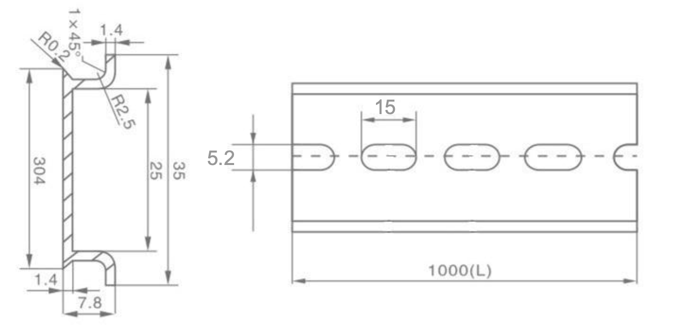 35 × 7.5 mm Aluminium DIN Rail with 4.2 × 12 mm Slots dimension drawing