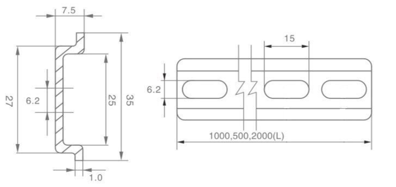 35 × 7.5 mm Blue-White Steel DIN Rail dimension drawing