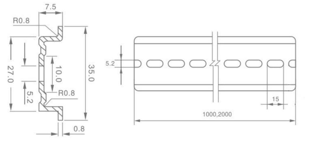 35 × 7.5 mm Ribbed Steel DIN Rail dimension drawing