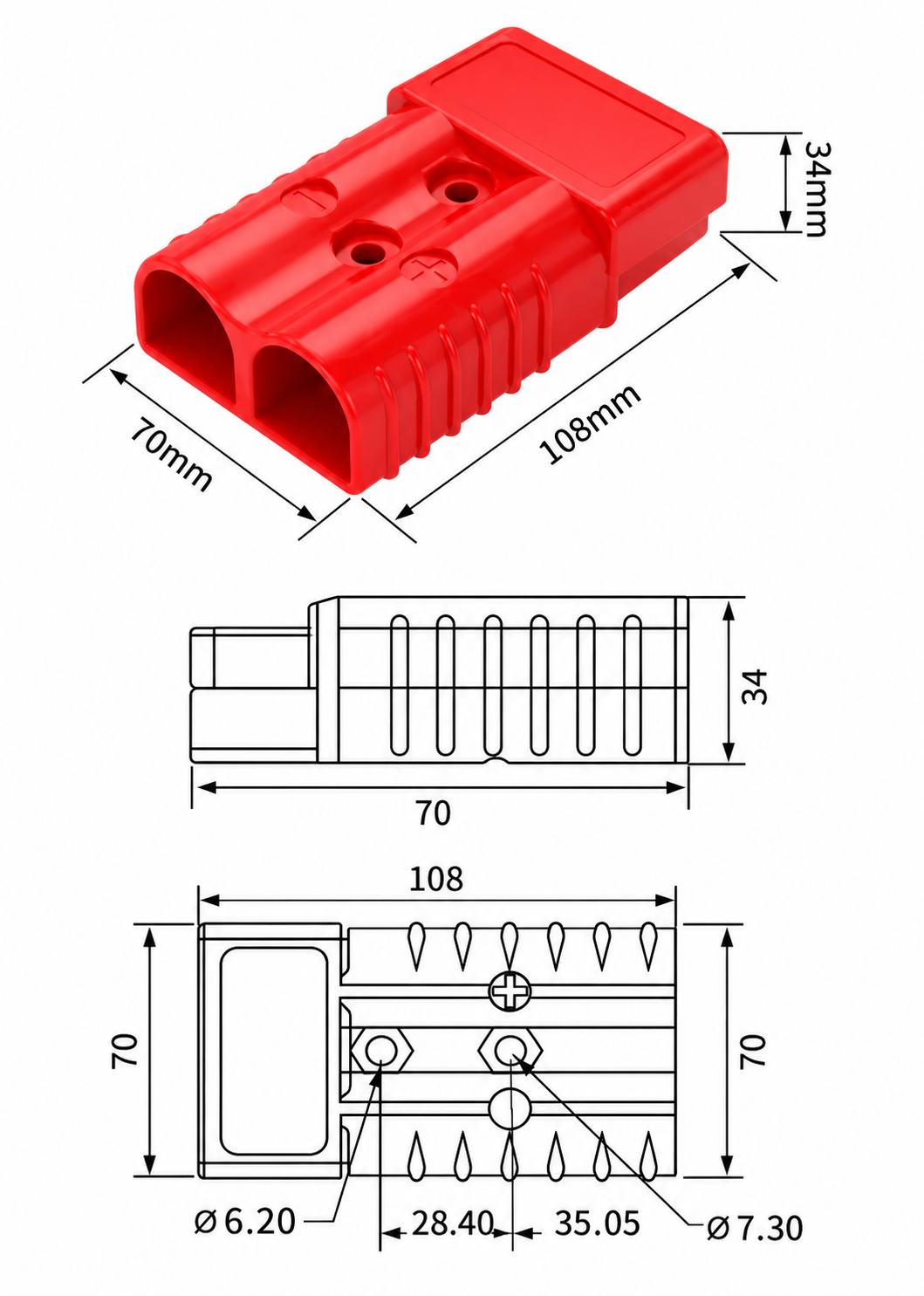 350A Double Pole Power Connector dimension drawing