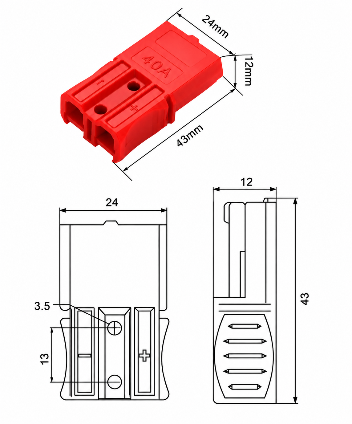 40A Double Pole Power Connector dimension drawing