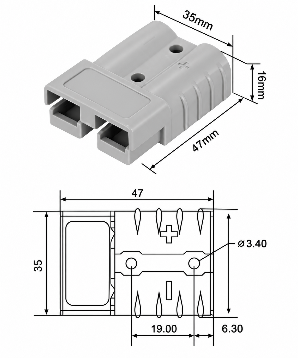 50A Double Pole Power Connector dimension drawing