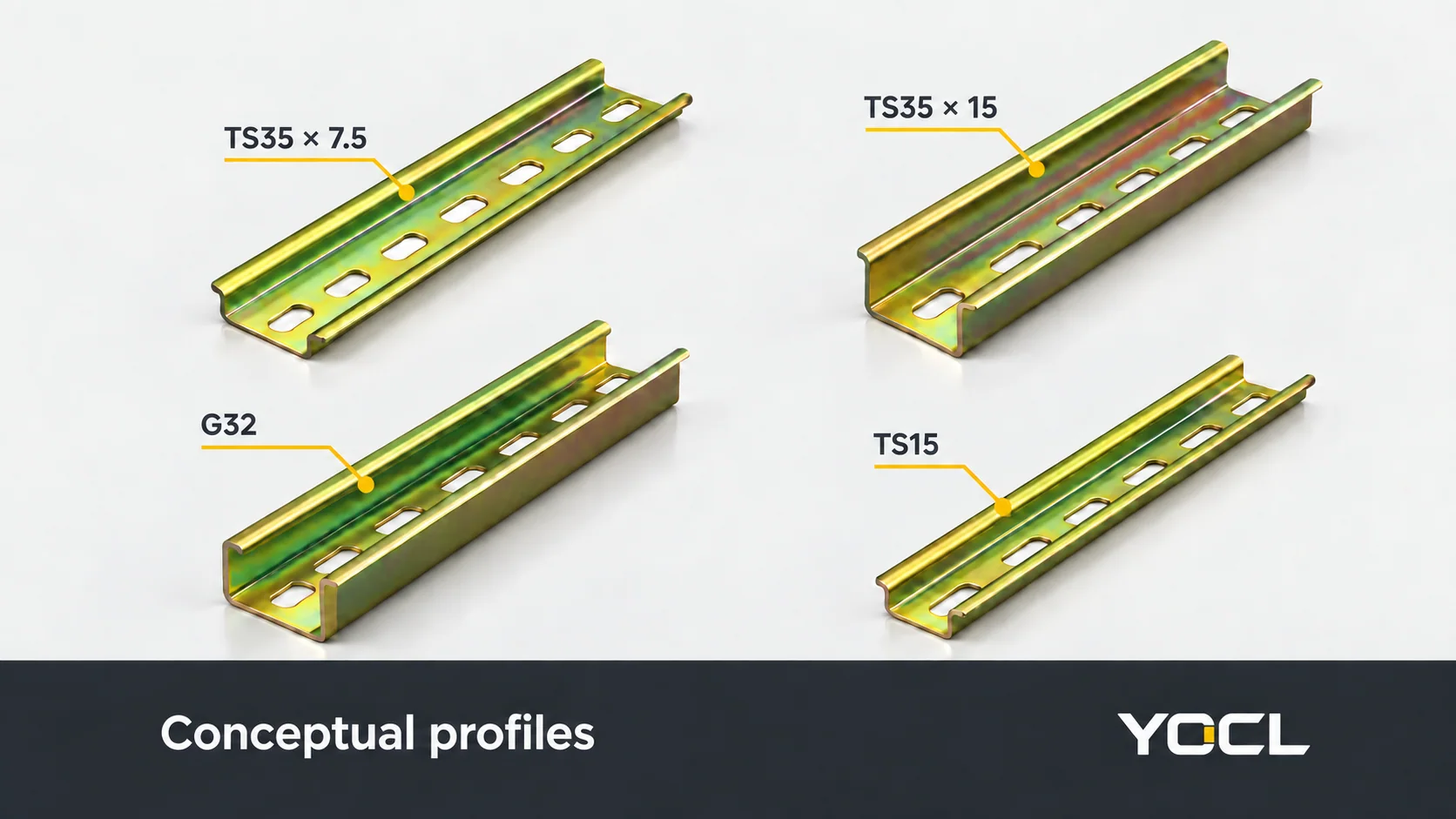 Conceptual exterior comparison of shallow and deep TS35, asymmetric G32 and narrow TS15 DIN rail profiles