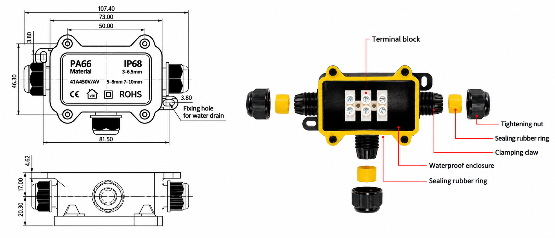 F1-3T IP68 Mini Waterproof Junction Box dimension drawing