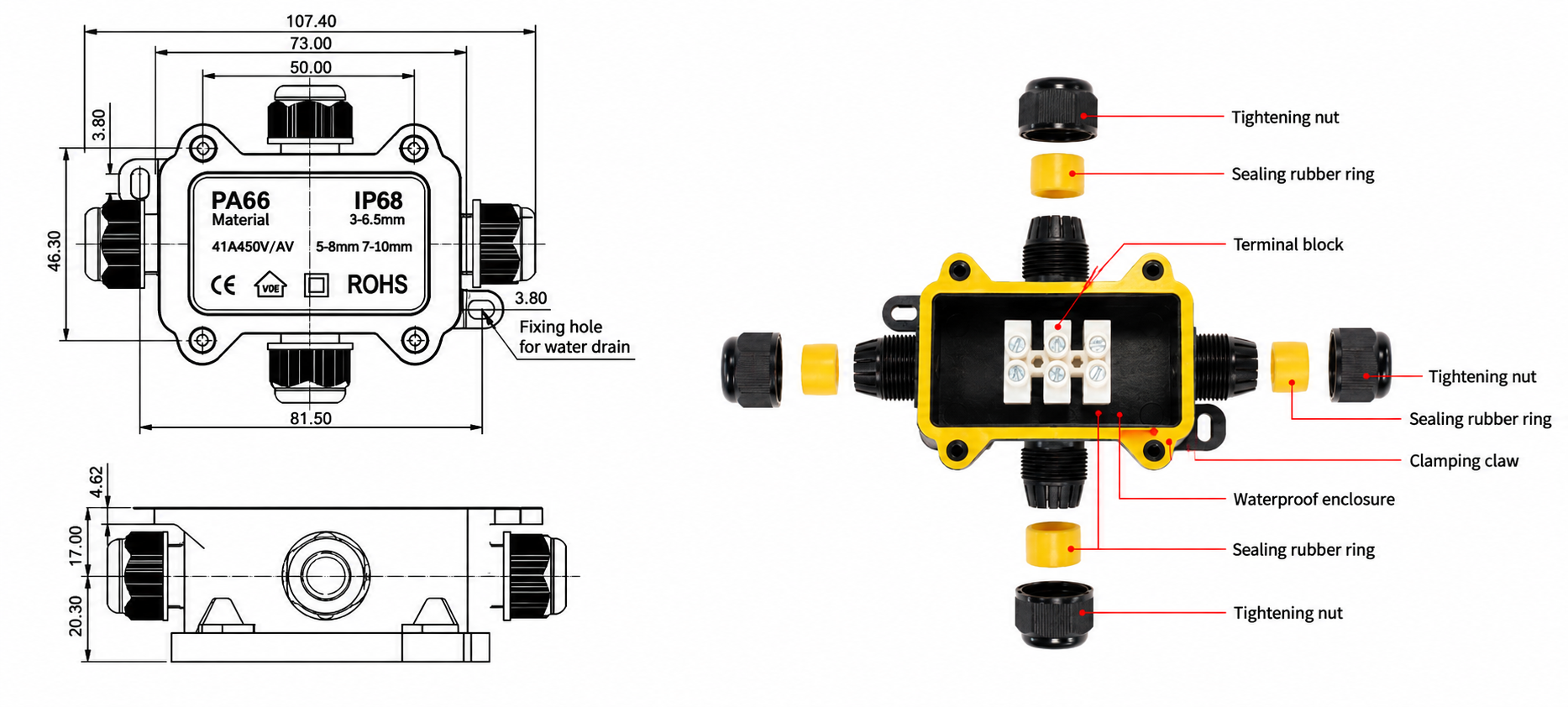 F1-4T IP68 Mini Waterproof Junction Box dimension drawing