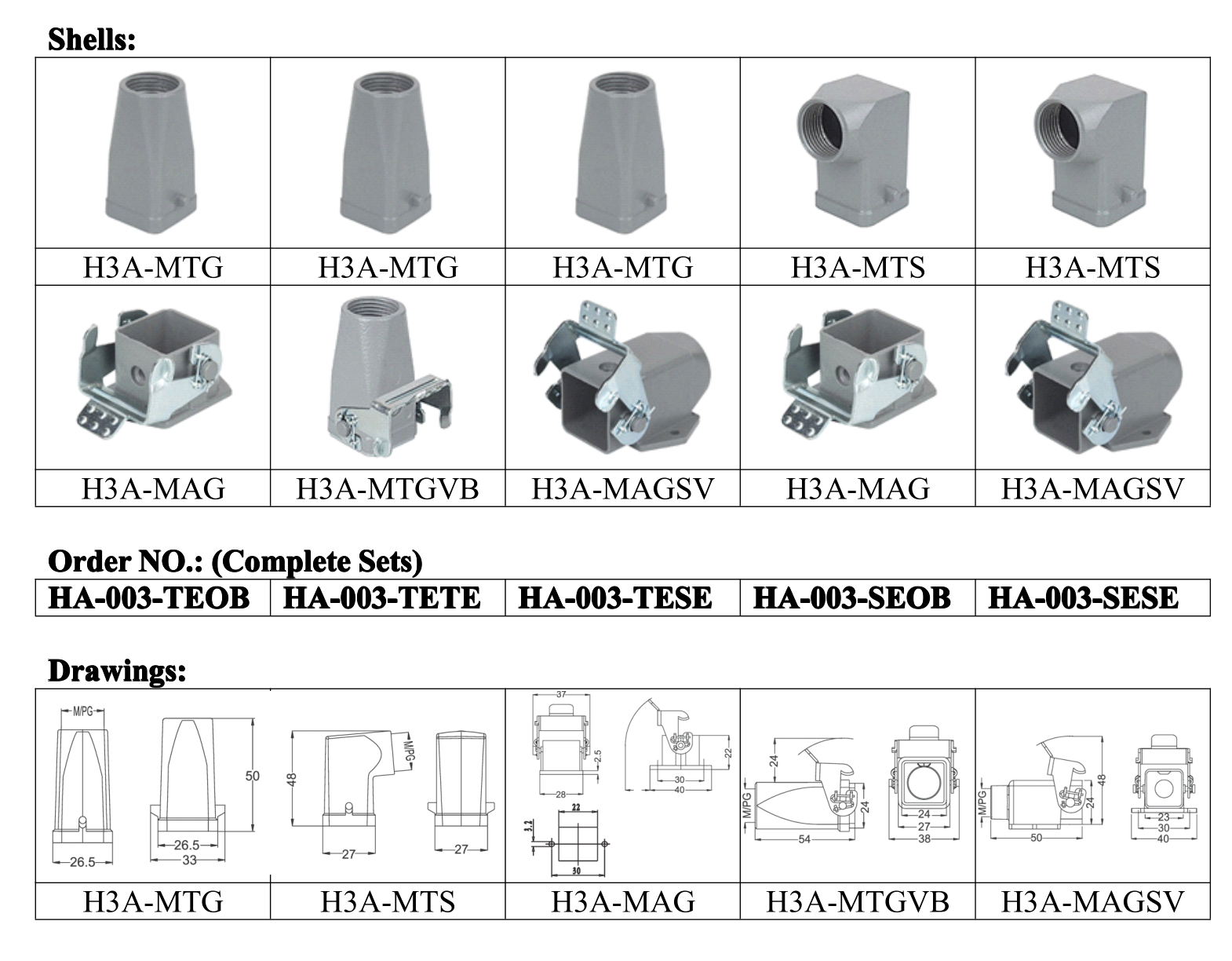HA-003 3-Pole Heavy Duty Connector dimension drawing