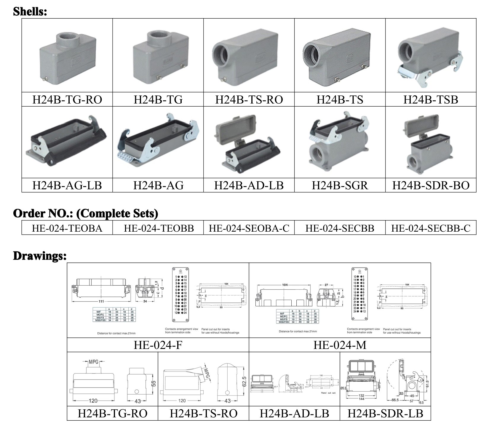 HE-024 24-Pole Heavy Duty Connector dimension drawing