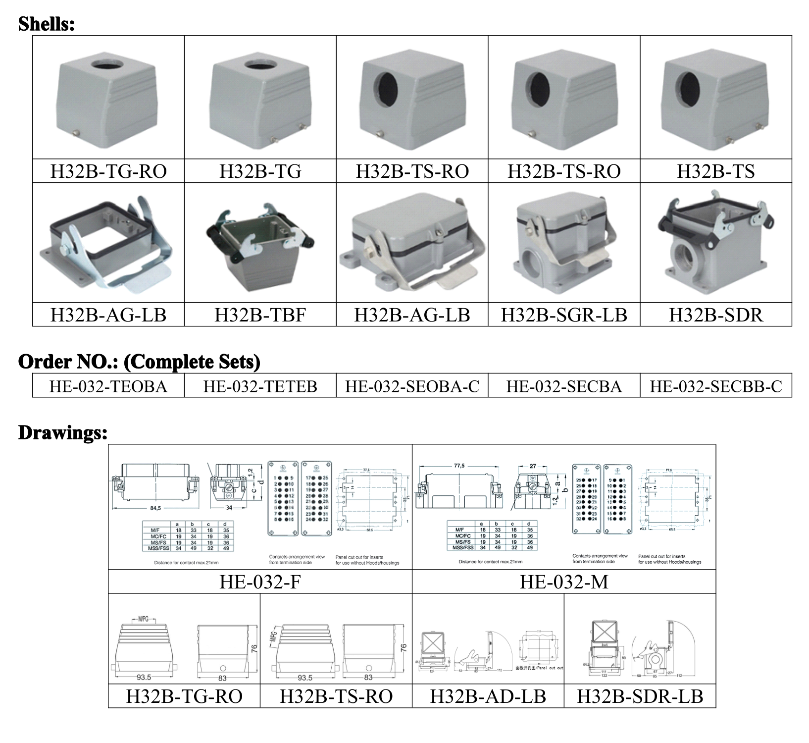 HE-032 32-Pole Heavy Duty Connector dimension drawing