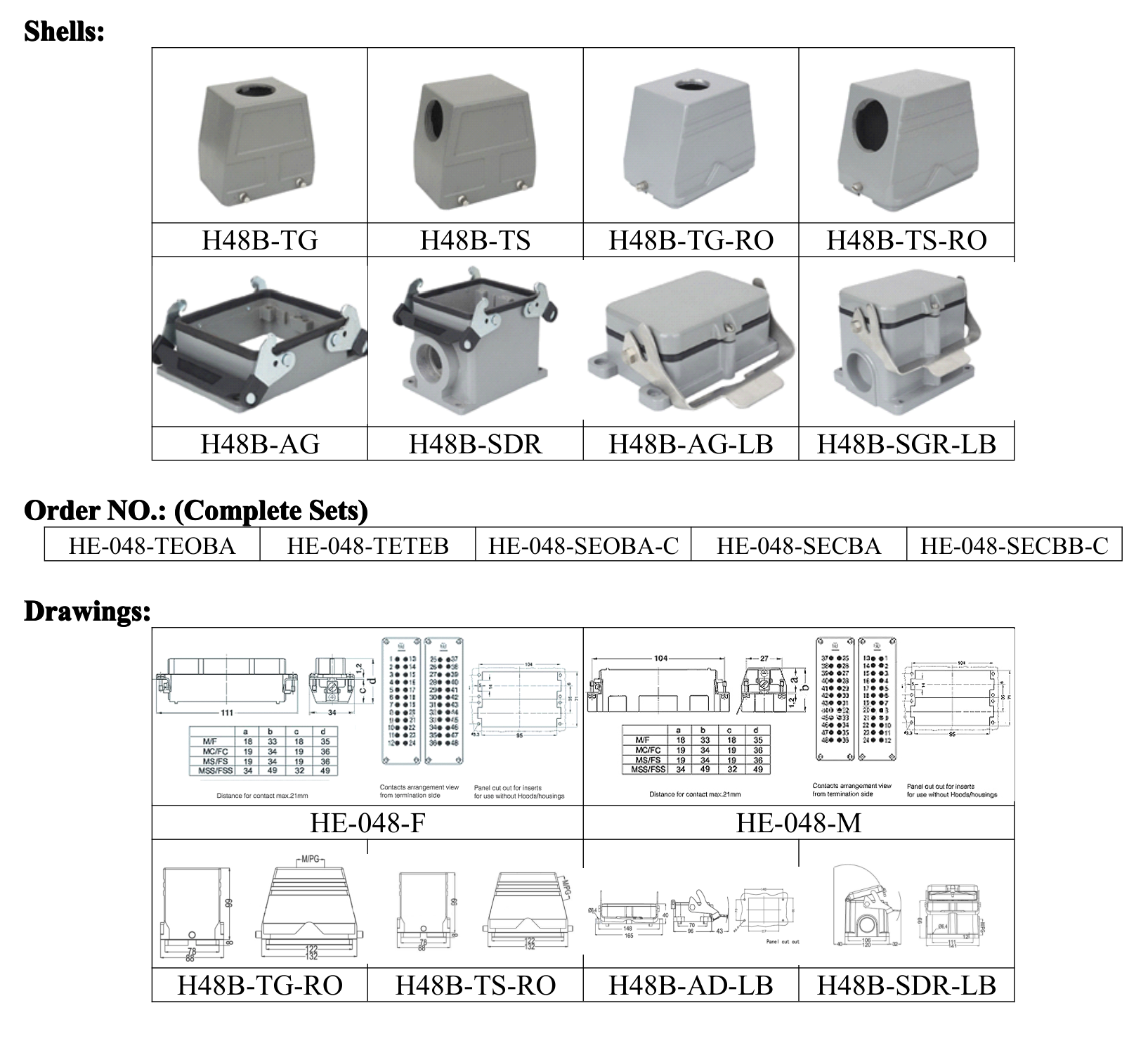 HE-048 48-Pole Heavy Duty Connector dimension drawing
