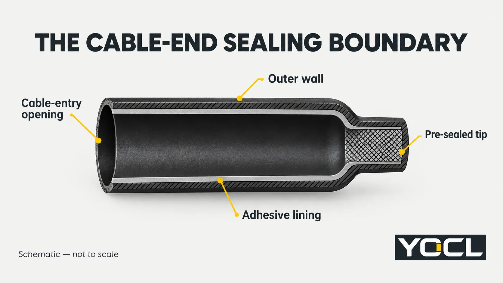 YOCL end-cap section showing the cable-entry opening, outer wall, adhesive lining and pre-sealed tip