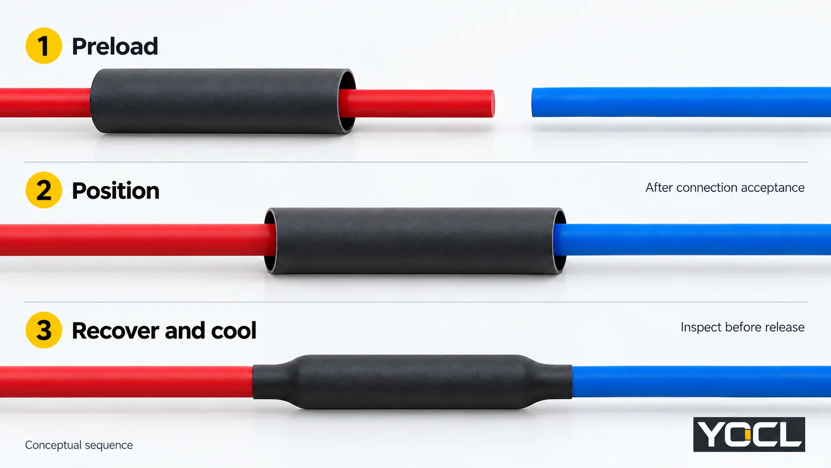 Three conceptual states of a sleeve preloaded on a cable, positioned over a joined splice and recovered after cooling