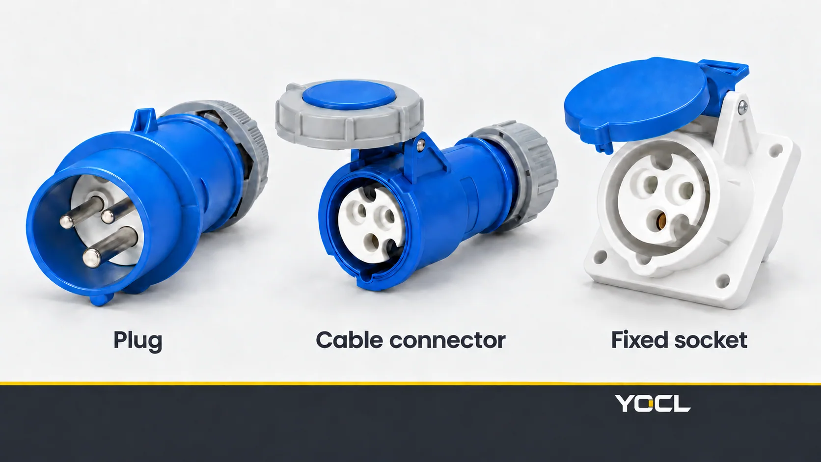 Industrial male cable plug, female cable connector and flange-mounted fixed socket shown as distinct formats