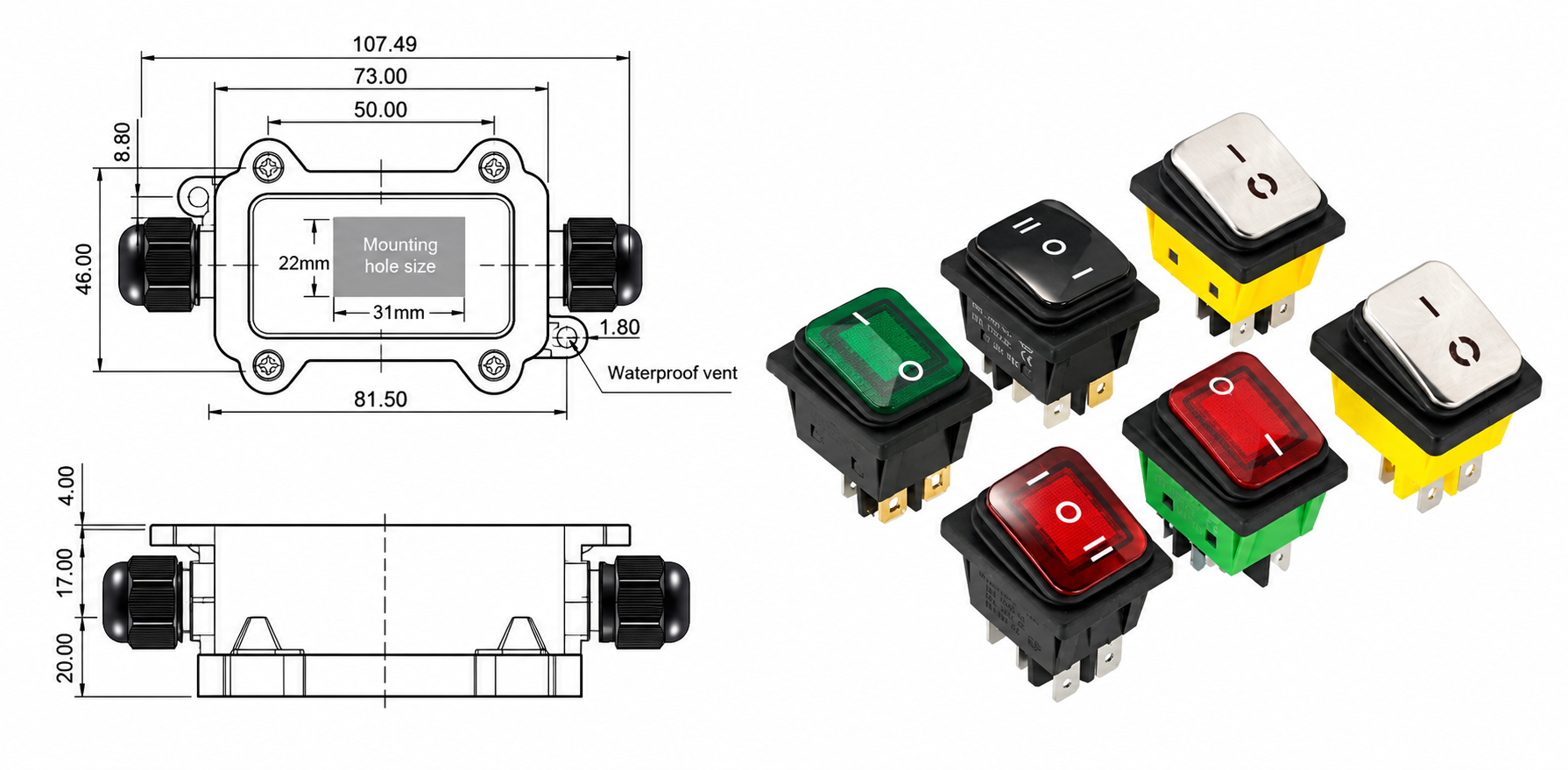 IP65 Waterproof Rocker Switch Box dimension drawing