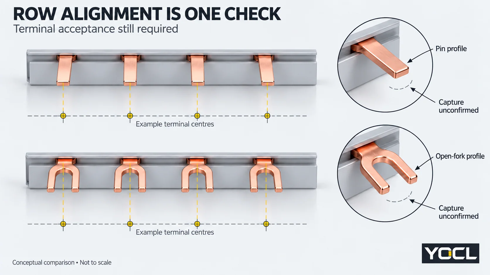 Pin and open-fork combs aligned with example row centres while terminal capture remains unconfirmed