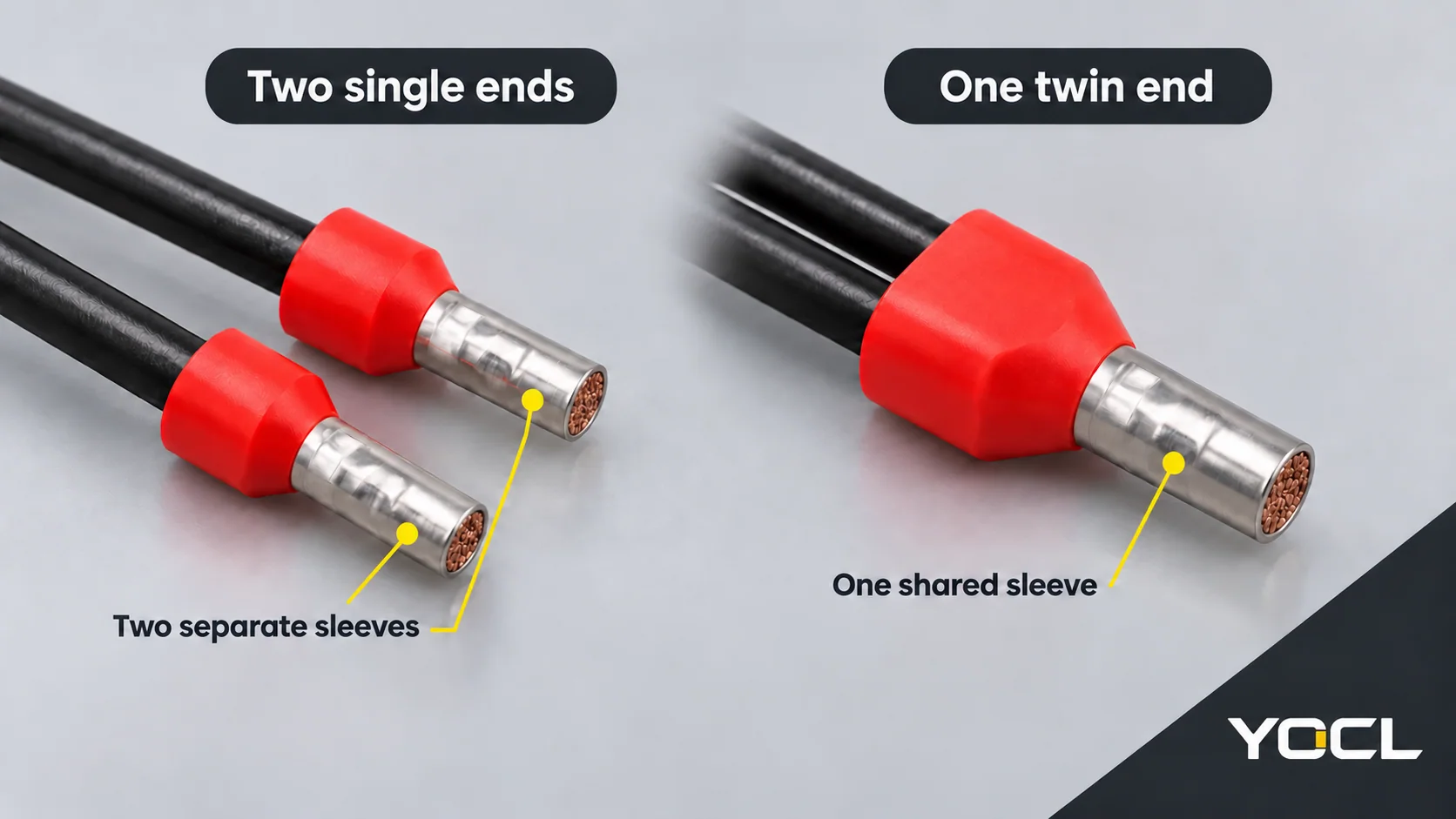 Two equal-size wires prepared as two individual single-ferrule ends or one shared twin-ferrule end