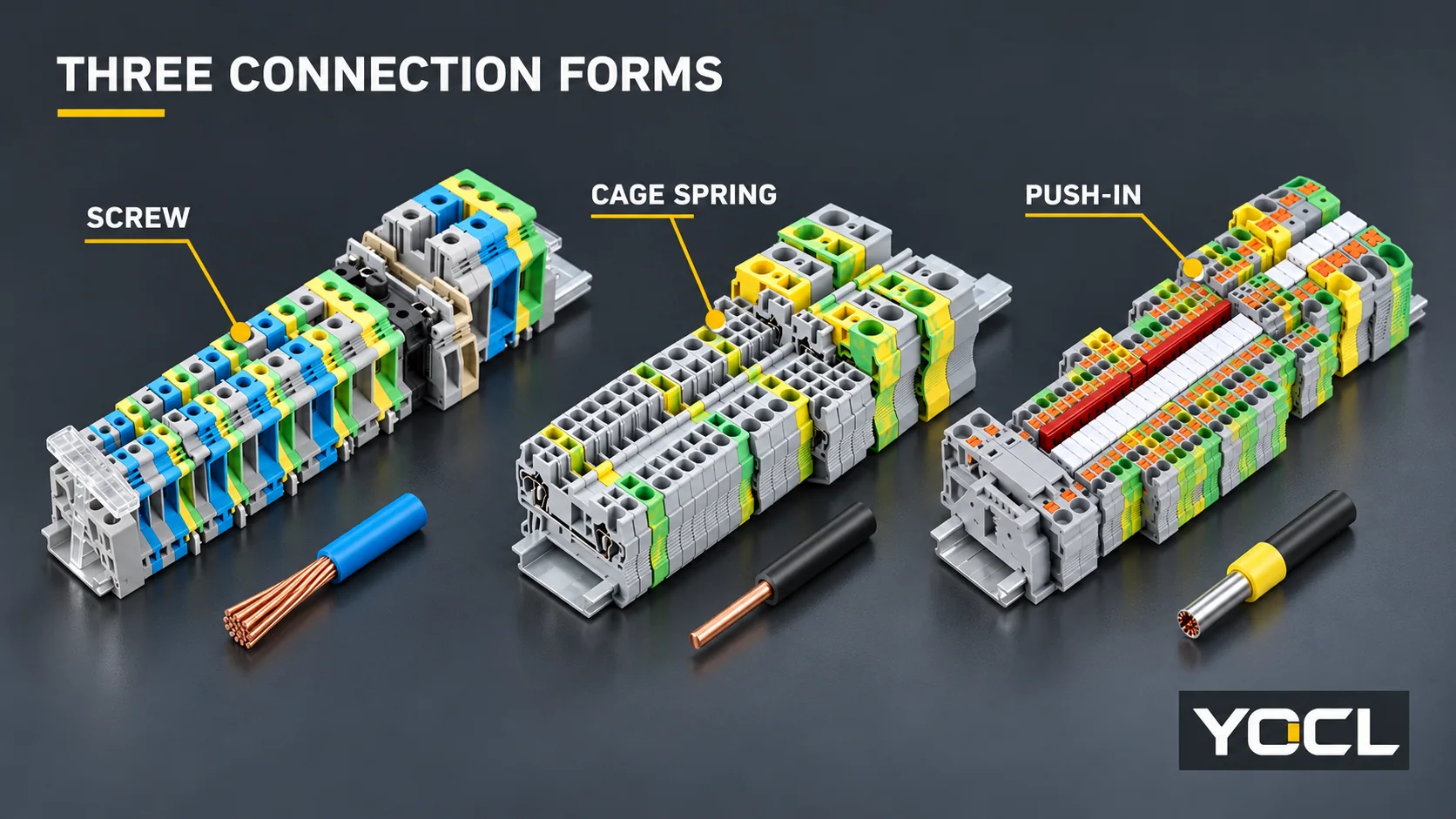 YOCL screw, cage spring and push-in terminal blocks shown for different clamp inspection checks