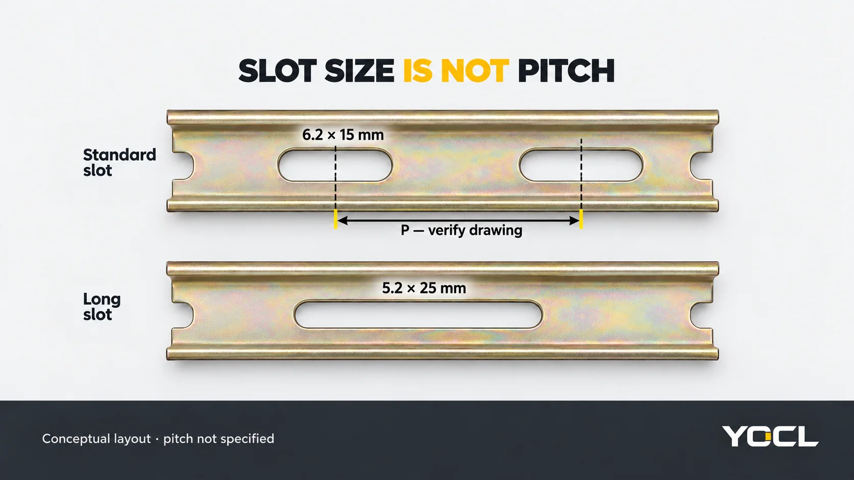 Conceptual fixing openings showing 6.2 by 15 mm and 5.2 by 25 mm slot sizes, with centre-to-centre pitch P identified separately