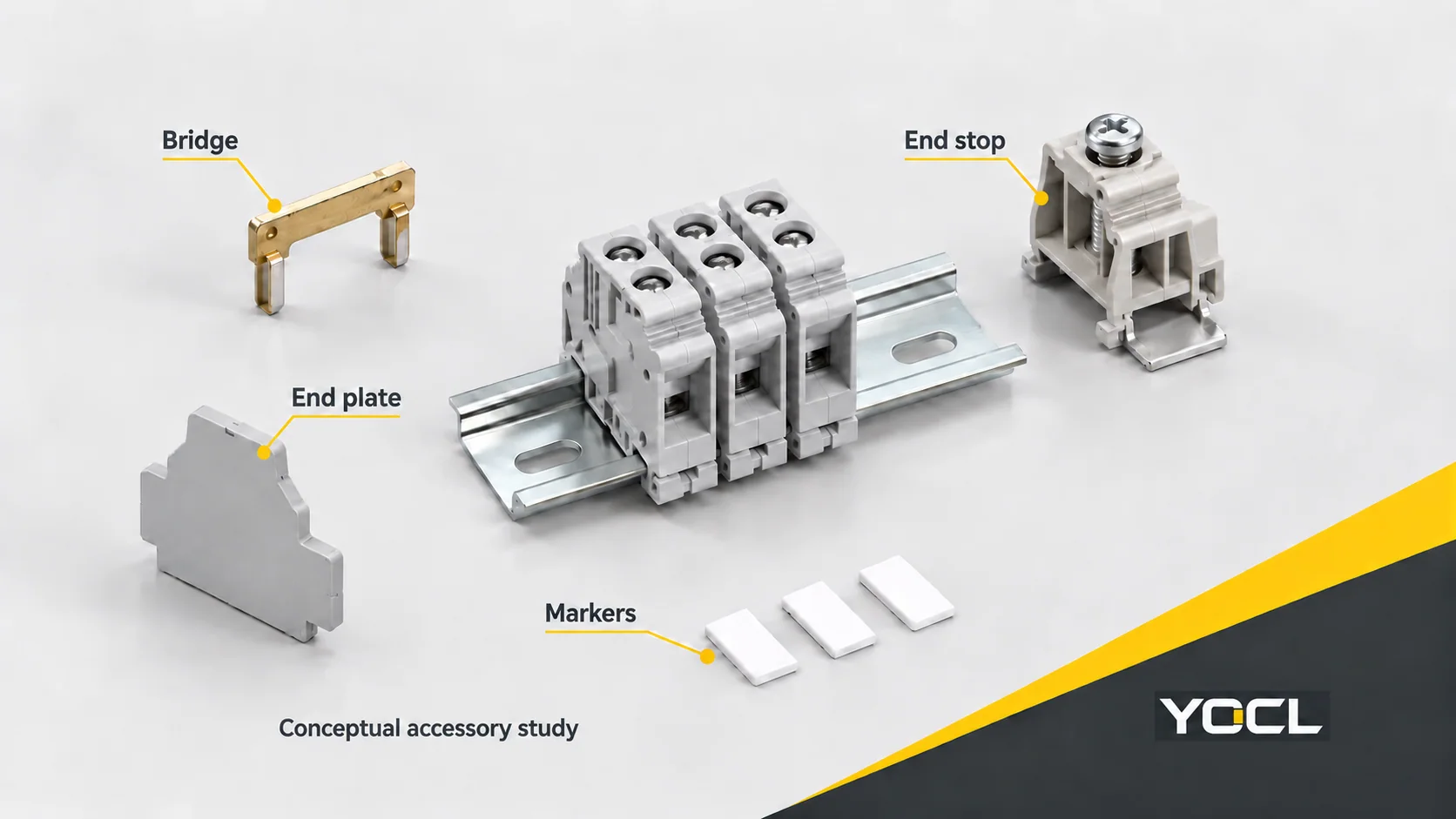 Grey DIN-rail terminal blocks with separate conceptual bridge, end plate, end stop and markers