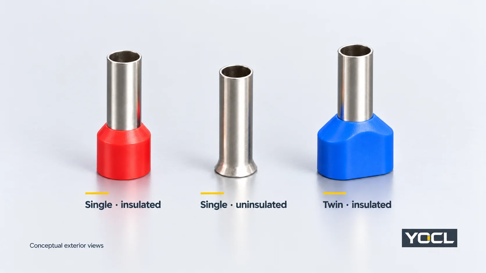 Exterior comparison of insulated single-wire, uninsulated single-wire and insulated twin-wire ferrules, showing collar and sleeve differences.