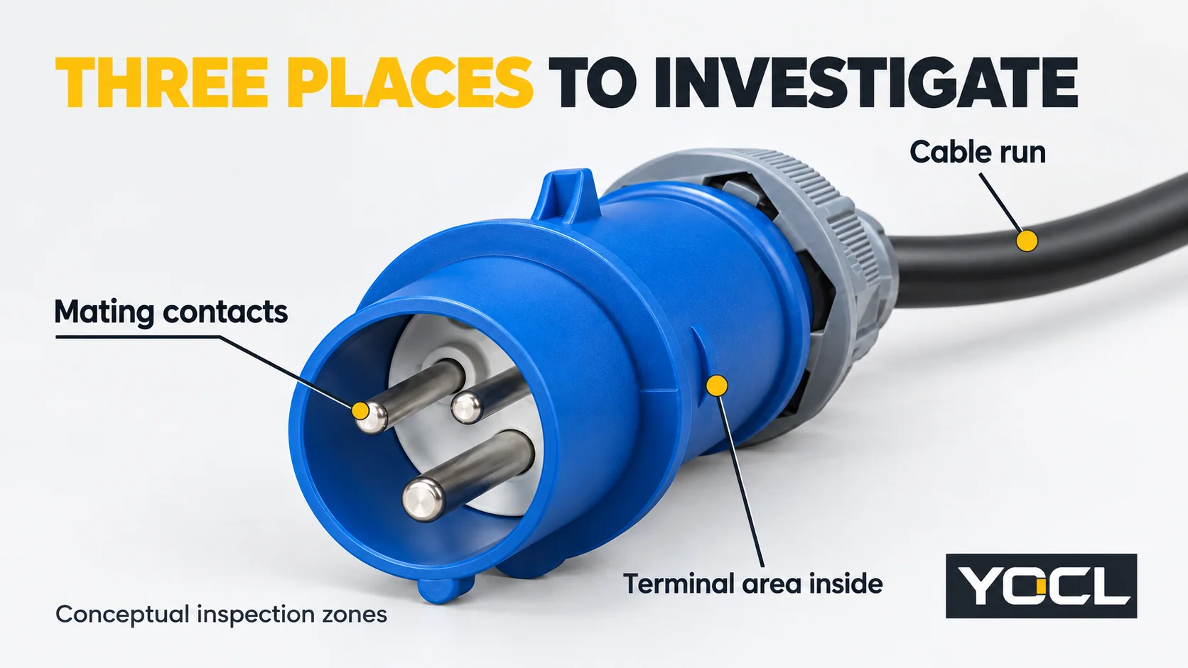 YOCL industrial plug illustration identifying the mating contacts, concealed terminal area and cable run as three investigation zones