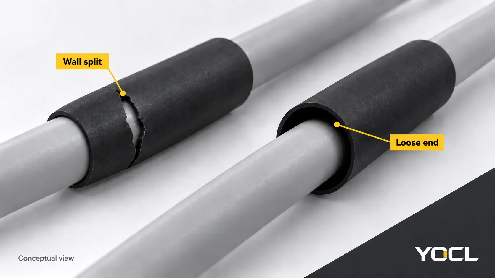 Conceptual heat shrink sleeve wall split and loose end gap around an intact cable jacket