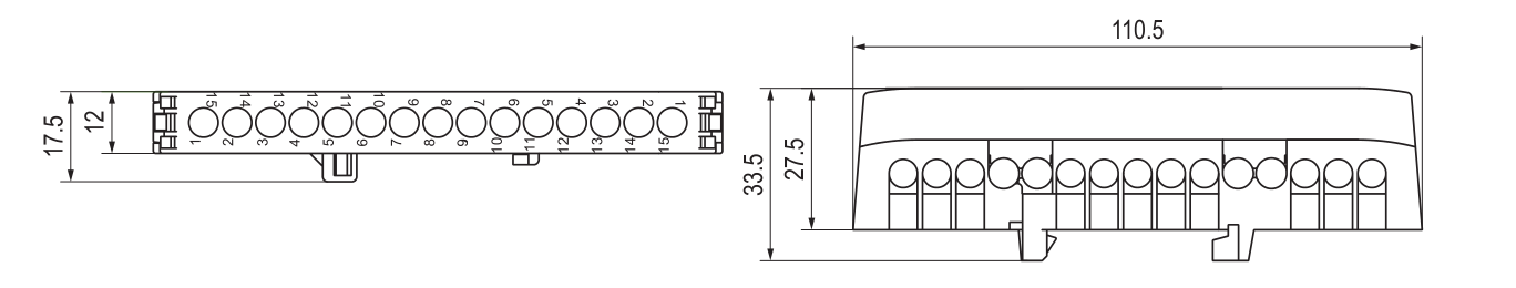 YC16N DIN Rail Neutral & Earth Bridge Terminal Blocks dimension drawing